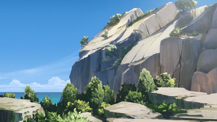 the image shows a landscape scene featuring a large mountain or cliff with rocky terrain and scattered trees. the mountain dominates the right side of the frame. below the mountain, there is vegetation. in the distance, the sea or ocean is visible, meeting the clear blue sky. there are some scattered clouds near the horizon. the scene depicts a sunny day with a coastal or islandlike environment.