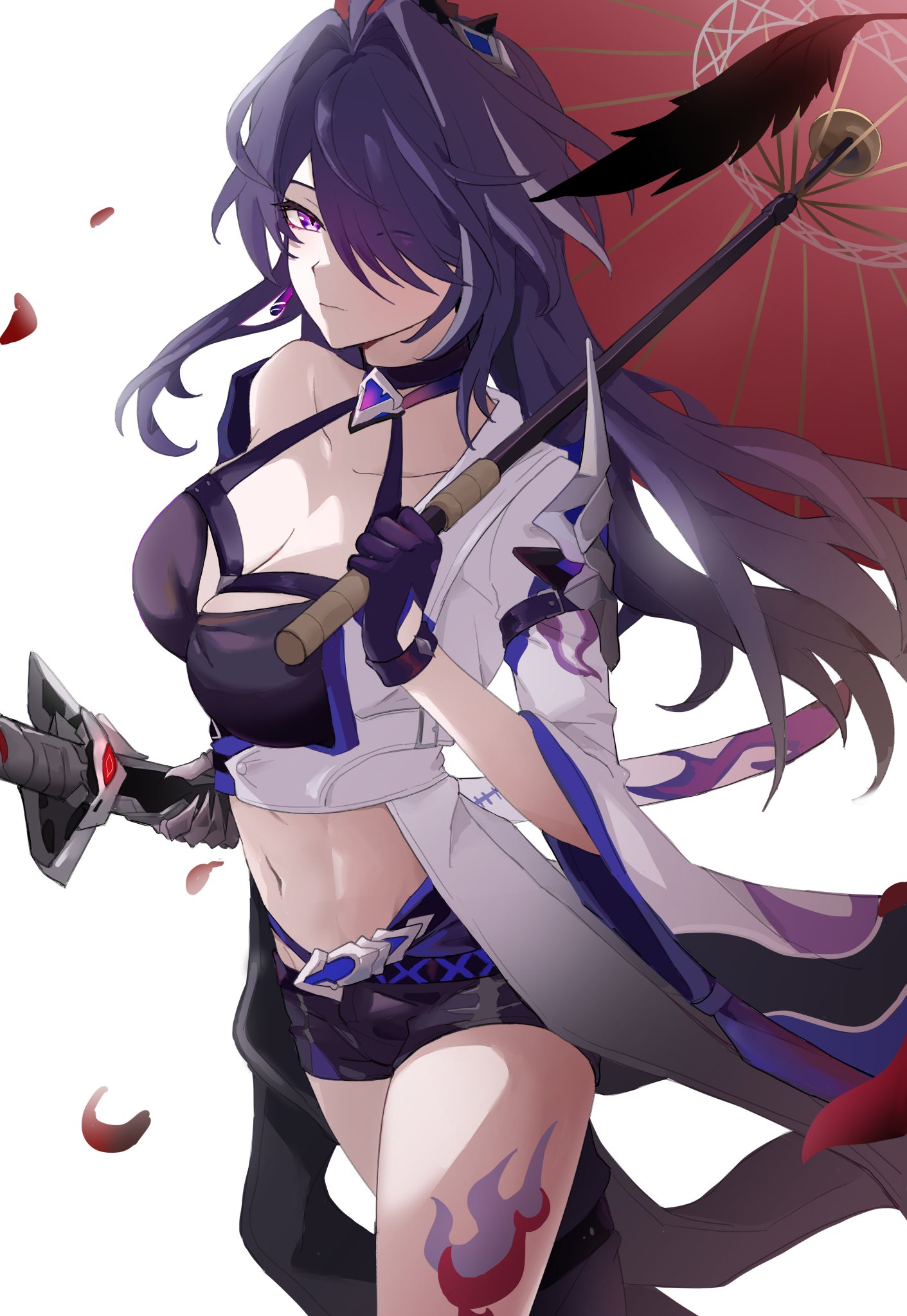 this anime illustration features a beautiful woman with long, flowing purple hair. she is wearing a white kimono with blue and red accents, and she is holding a katana sword in her right hand. she is looking directly at the viewer with a confident expression, and her eyes are closed as if she is about to strike. the background is white and there are some red flower petals scattered around the woman. the woman's outfit is detailed with a lot of intricate designs, and her pose is very dynamic and interesting. the overall impression of the artwork is one of beauty, power, and confidence.