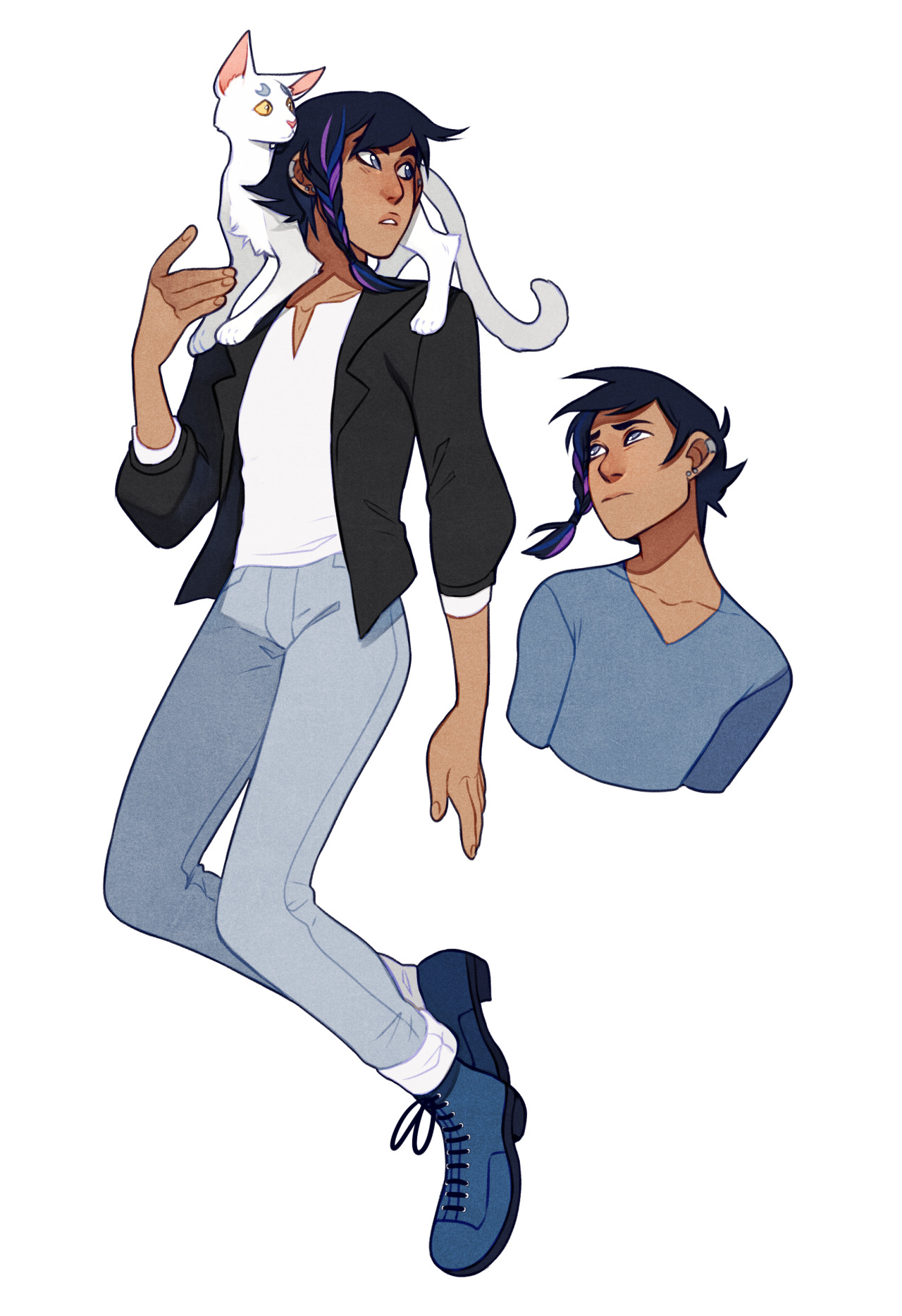a digital illustration of a young man with dark hair and a white cat perched on his shoulders. he is wearing a black jacket, white shirt, light blue jeans, and blue boots. the art style is reminiscent of anime and manga, with clean lines and vibrant colors. a smaller bust portrait of the character's head and shoulders is included next to the fullbody illustration.