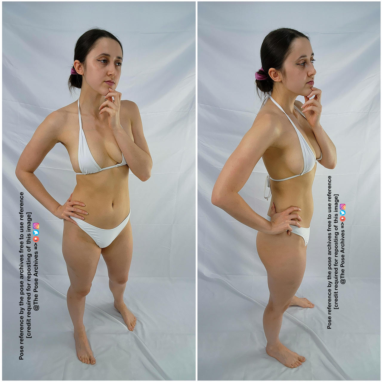 a diptych image featuring the same woman in a white bikini posing against a white backdrop. the left image shows her from a slightly angled front view, while the right image showcases her profile.  she is striking a thoughtful pose with her right hand on her hip and her left hand touching her chin. these images are intended as pose references for artists.