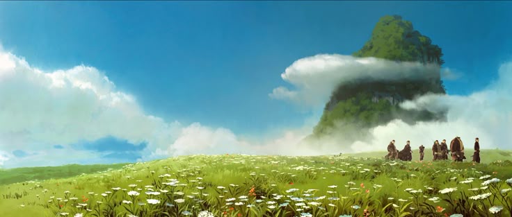 an illustration of a green meadow with white flowers and a few red flowers, with a mountain in the background partially obscured by clouds. a group of people is standing in the meadow. the sky is blue with white clouds.
