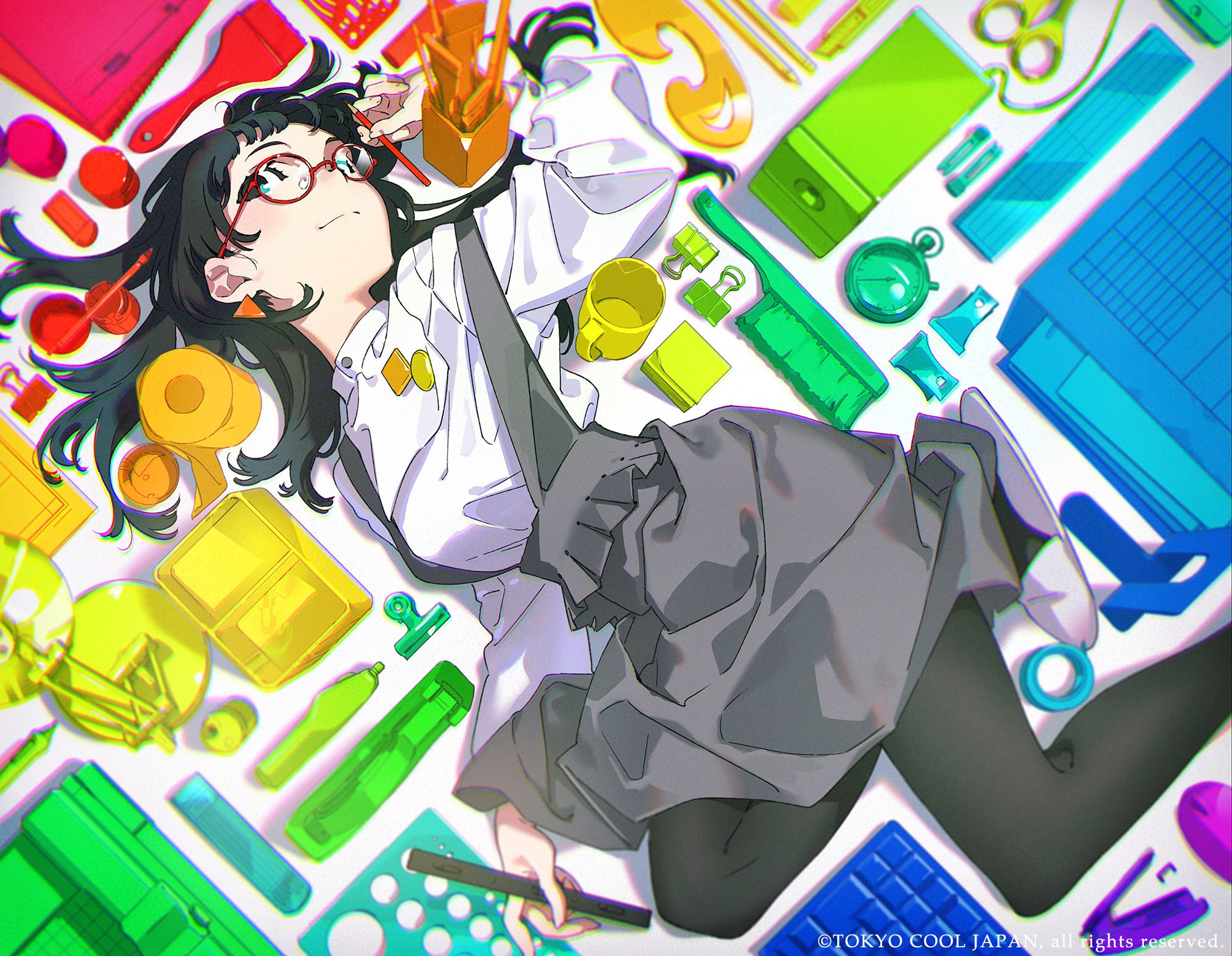 the image features a cheerful anime girl lying on her back atop a white surface covered in colorful stationery. she wears round red glasses, a white shirt with a yellow ribbon, and a dark gray jumper dress. her black hair sprawls around her, contrasting with the bright background.  the girl smiles gently, seemingly at ease amidst the organized chaos of pens, pencils, rulers, erasers, paint, tape, a calculator, a mug, and other various office and art supplies. the vibrant colors and playful arrangement evoke a sense of creativity and youthful energy.