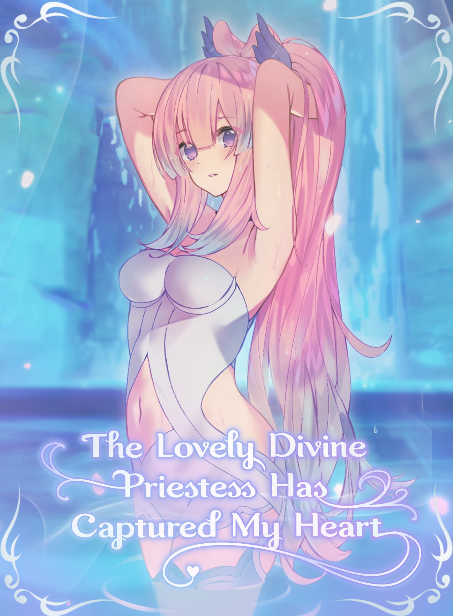 the image is a vibrant and dreamy depiction of an anime girl with long pink hair and a white dress. she is surrounded by a magical blue water, and her expression is soft and alluring. the text overlay reads "the lovely divine priestess has captured my heart", which suggests a romantic and enchanting theme. the overall composition creates a sense of wonder, mystery, and love.