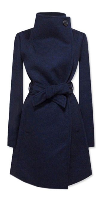 a navy blue women's coat with a long sleeve, a belted waist, and a stylish collar.