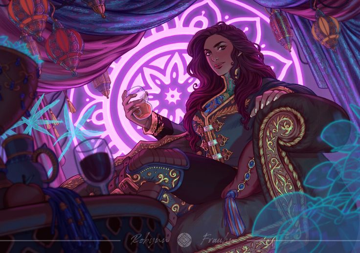 the image is a digital painting depicting a powerful, confident woman with long, dark hair seated on an ornate, gold and jeweltoned throne. she is dressed in rich, luxurious clothing with intricate details, suggesting a fantasy setting possibly inspired by arabian nights or similar eastern aesthetics. the room is decorated with purple fabrics and glowing, ornate lanterns. she holds a glass of amber liquid, appearing relaxed yet regal. the background features glowing neonlike purple circles with intricate patterns. the overall style is detailed, dramatic, and suggestive of a fantasy character of high status and power. the artist's signatures, "rokyne" and "frau", are visible in the bottom corner.