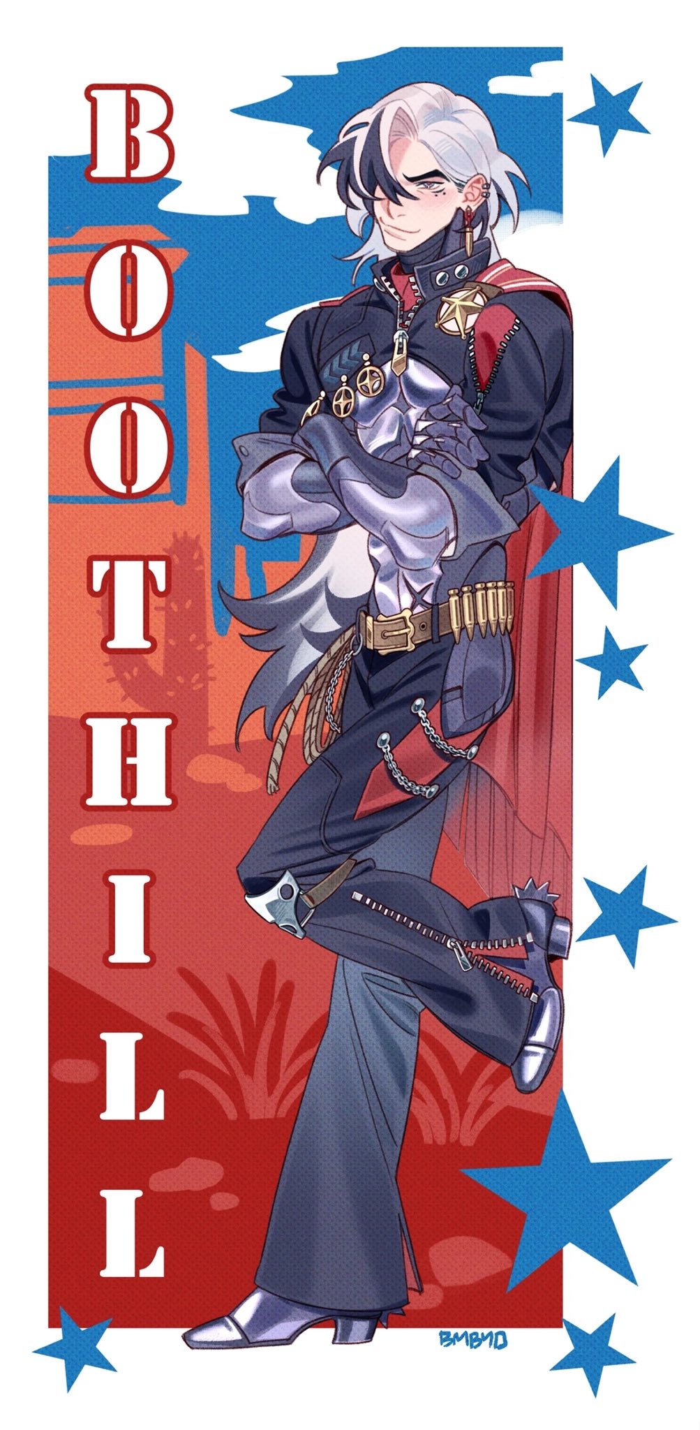 the image is a digital fanart depicting a stylish animestyle young man with a striking twotoned hairstyle (half black, half white). he is dressed in a westerninspired outfit, including a dark jacket, flared pants, and high boots.  he has several accessories, such as a belt with a holster, and appears to be carrying a weapon. his pose is confident, with his arms crossed, and he has a slight smirk. the background is a stylized western landscape with bold red and blue color scheme, featuring stars. the overall aesthetic is a blend of anime/manga style with western themes.  the text "boothill" is prominently featured on the side, suggesting a possible title or location.