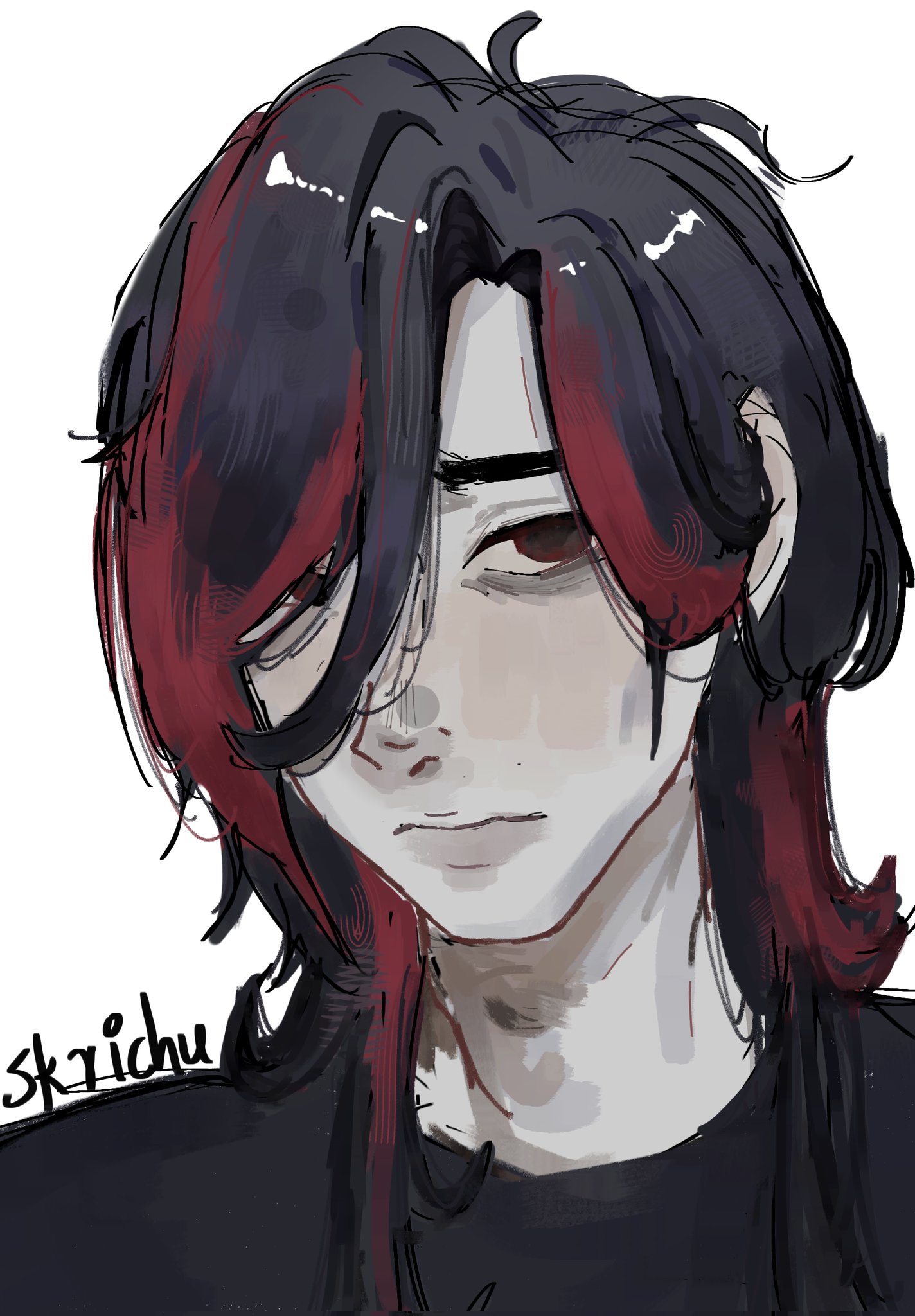 this is a digital drawing of an anime male character with long black hair with a red streak in it. he is wearing a black shirt and has a serious expression on his face. he looks to be in his late teens or early twenties. the style of the drawing is loose and sketchy, and there are visible brushstrokes throughout the piece. the character is drawn in a dark color palette, and the background is white, which makes the character stand out.