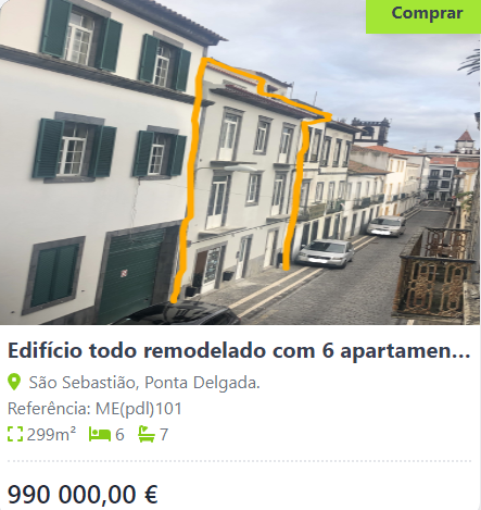 this is a photo of a renovated apartment building in são sebastião, ponta delgada, portugal. it is for sale, and the listing includes details about its size and number of apartments. the building is located on a narrow street with other buildings on either side.