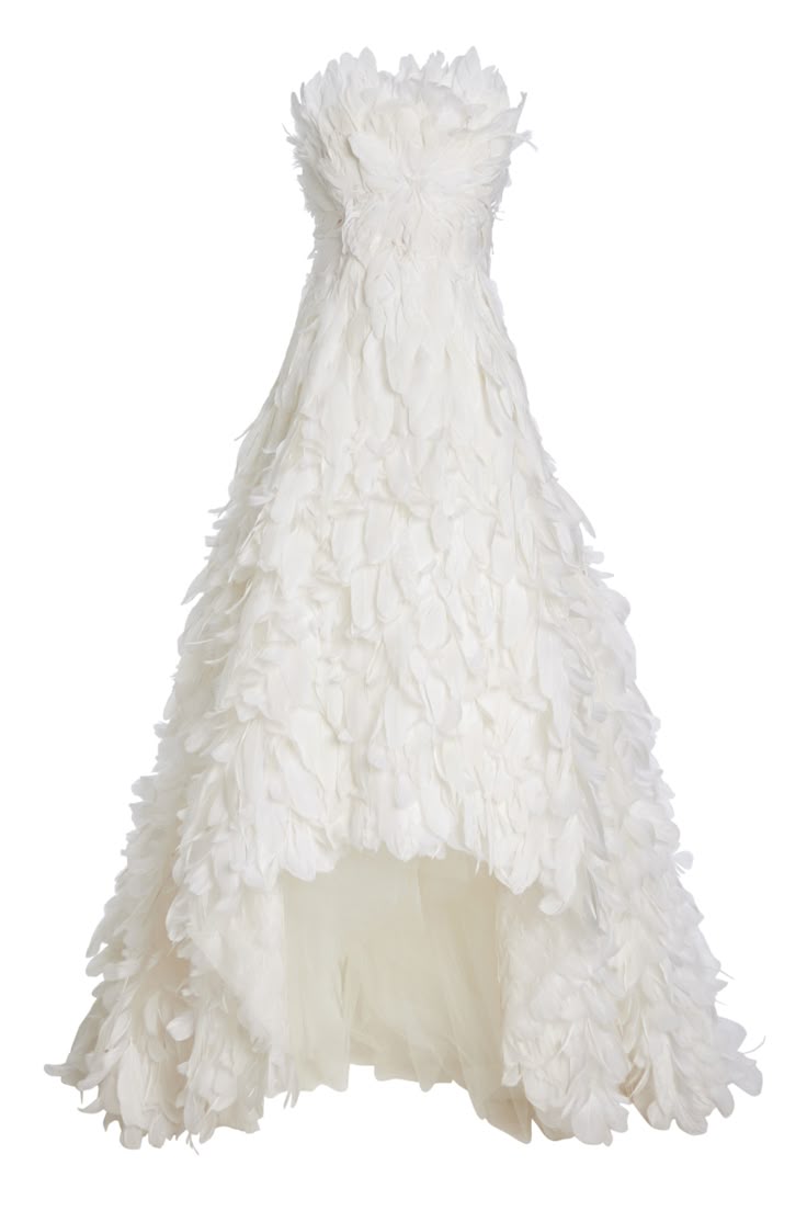 the image shows a strapless, white gown covered in feathers. it has a highlow hemline. it looks like it is a wedding dress or formal wear.