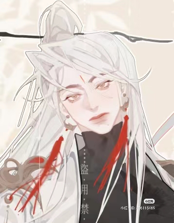 the image is a digital drawing of a man with long white hair, piercing red eyes, and a stoic expression. he wears an elaborate white and black outfit with red accents, suggesting a character from a fantasy or historical chinese setting. the artwork utilizes soft lighting and a muted color palette.  the man is depicted in a closeup perspective, drawing focus to his striking features and intricate attire.