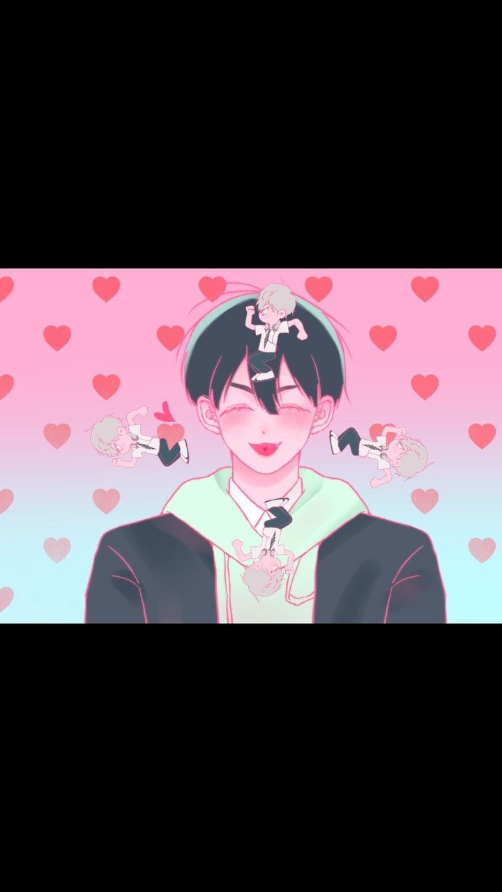 he image is a digital drawing in a pastel anime style.  the central figure is a larger boy with dark hair, wearing a dark jacket over a light green hoodie.  he has a happy expression, and his head is surrounded by smaller chibi versions of himself, seemingly dancing or floating around him.  the background is light pink and blue, filled with pink hearts, creating a romantic and playful atmosphere. the overall style is cute and lighthearted.