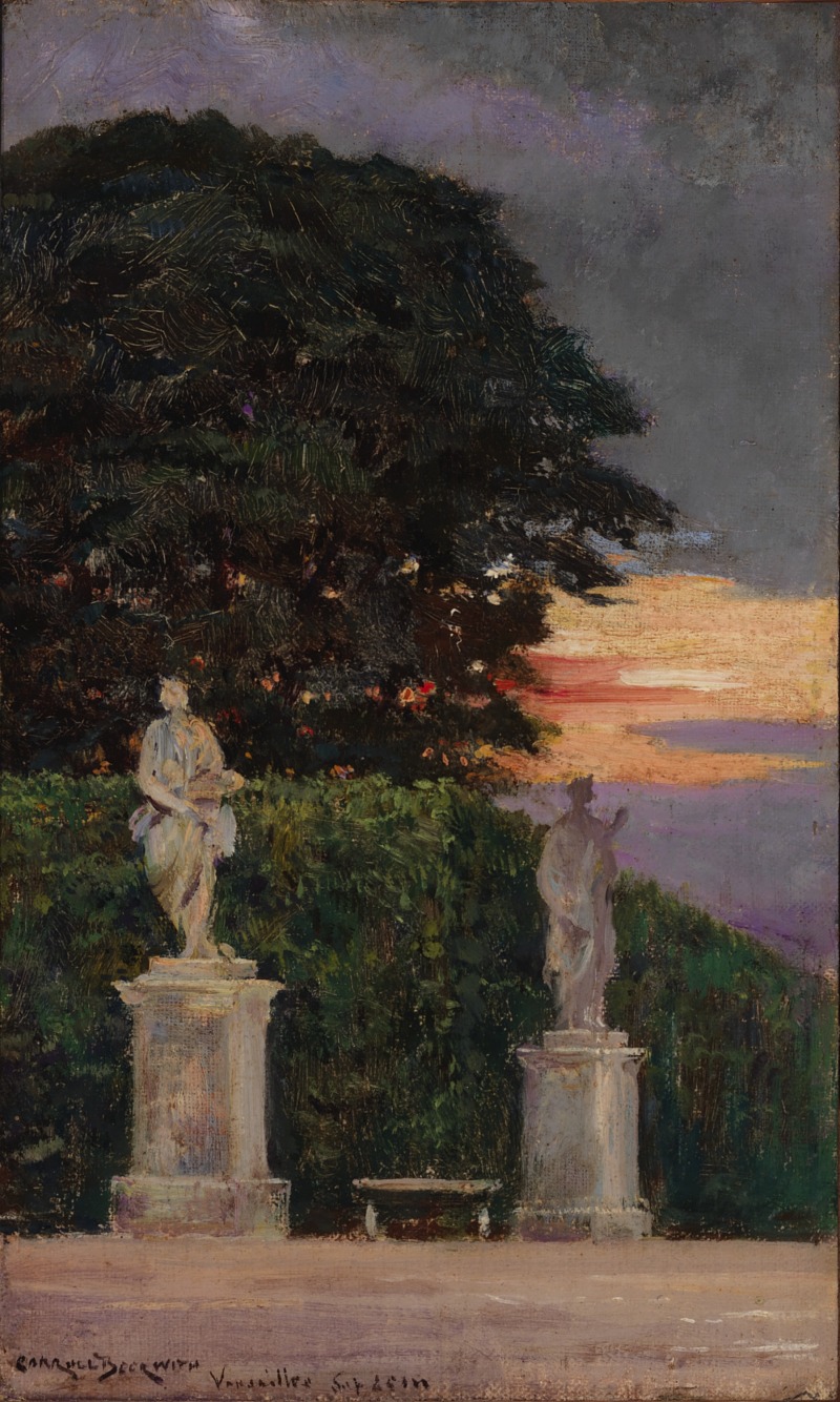 this is an oil on canvas painting by carroll beckwith titled "versailles". it depicts a scene in the gardens of versailles at sunset. two statues stand on pedestals on either side of a green hedge. a small bench sits between them. the sky is filled with orange and purple hues, indicating the setting sun. large trees are visible in the background, with dark clouds overhead. the overall style is impressionistic.
