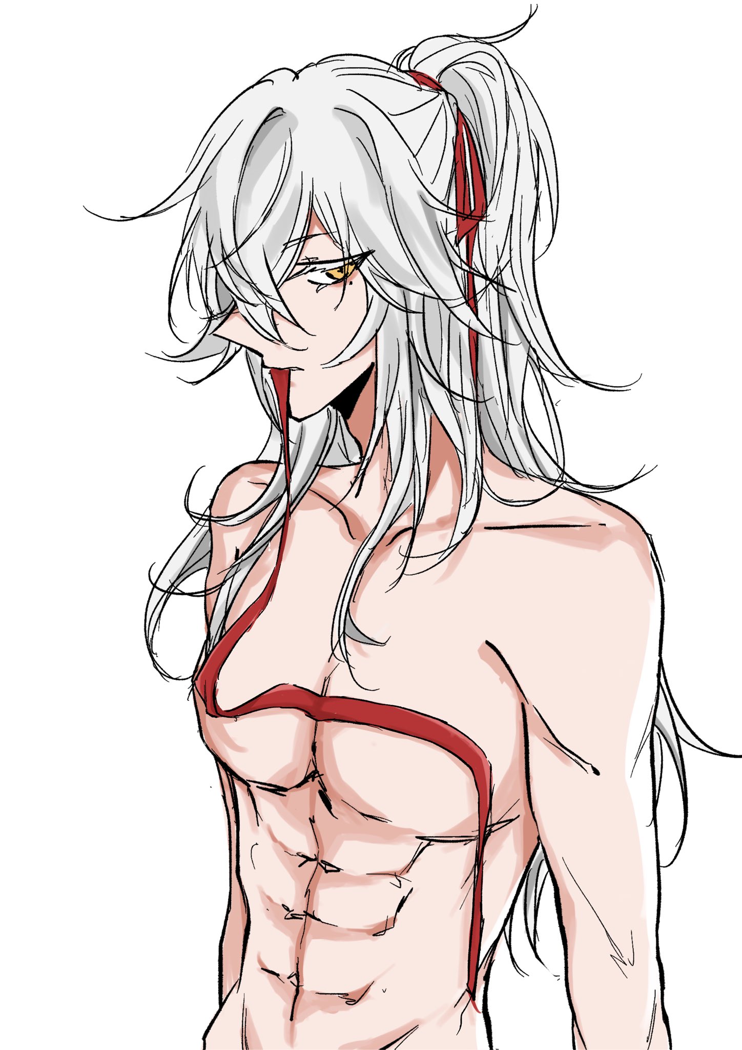 a digital illustration of an anime character with long, white hair and red ribbons tied around their head and upper body. the character has very defined muscles and abs, and is looking down with a serious expression. the character is drawn in a standing pose, side view. the background is white.