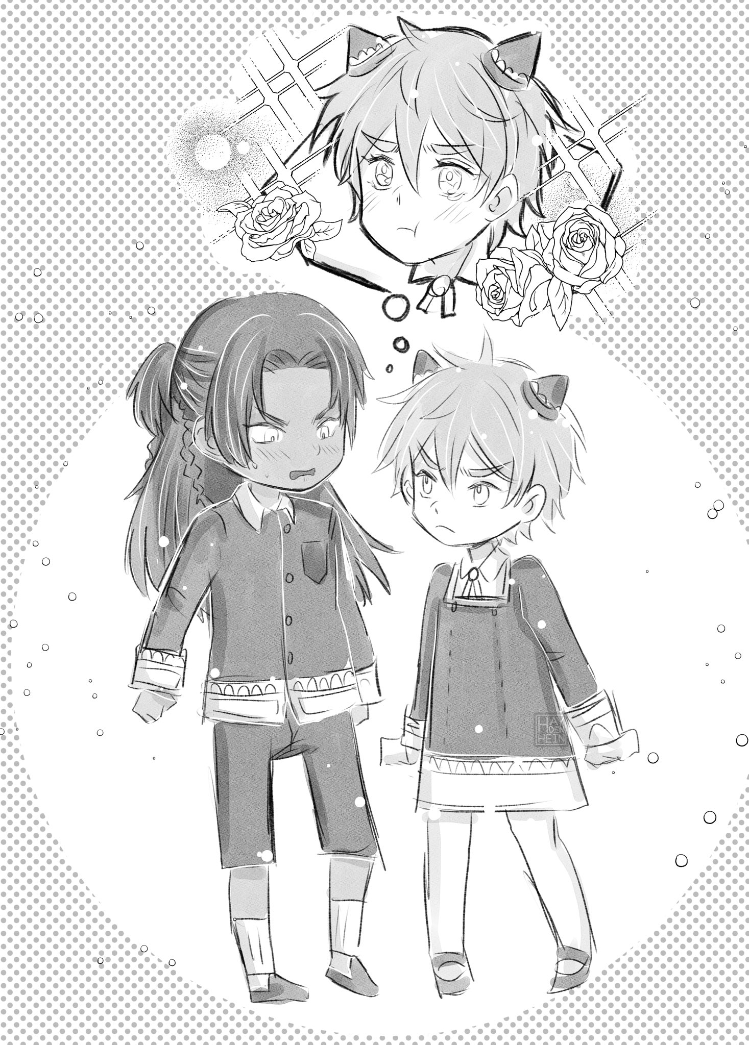 this is a black and white anime illustration of two children standing sidebyside. the boy on the left is wearing a jacket, pants, and shoes. the girl on the right is wearing a dress, tights, and shoes. the boy is looking at the girl, while the girl has a thought bubble above her head that shows a scene of flowers with another boy's face.  the art style is cute and the children are very adorable.