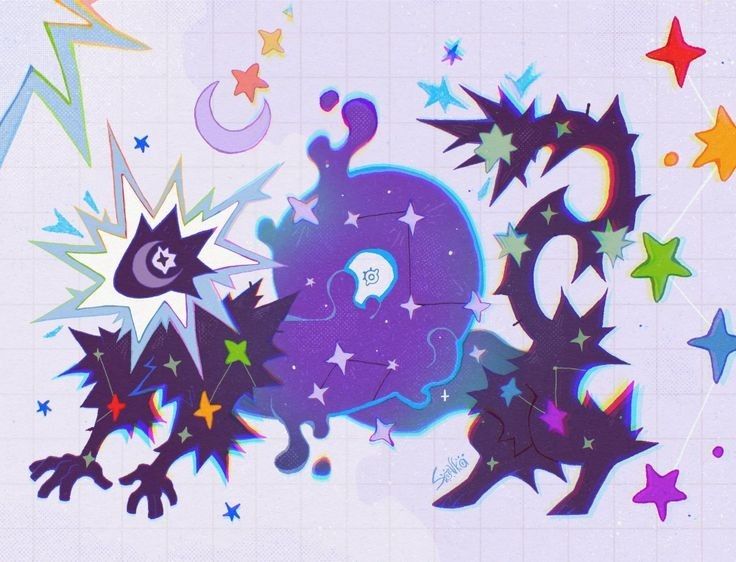 the image is a digital illustration of a fantastical creature composed of celestial elements. it features a dark, spiky figure with stars and constellations embedded within its silhouette. the creature is surrounded by cosmic elements such as a purple, galaxylike form and colorful stars. there is a crescent moon present, as well as an explosive, stylized head. the overall artwork is whimsical and dreamlike, with an astrological or fantasy theme. the style is cartoonish, and the background is a gridlike pattern.