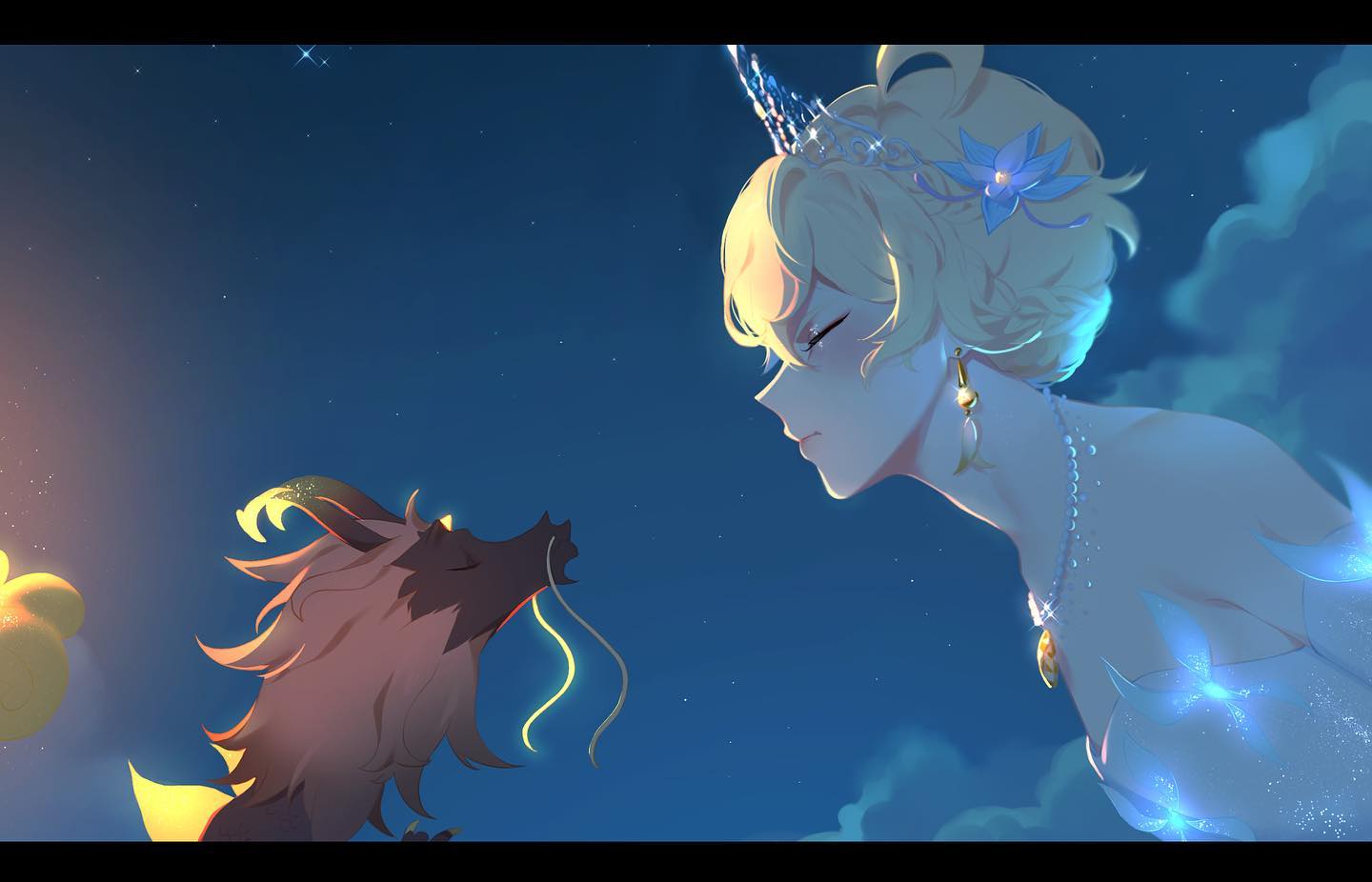 this illustration depicts a beautiful anime princess with flowing blonde hair and a sparkling crown. she is looking lovingly at a small, golden dragon with a red face and bright yellow whiskers. the background is a dreamy, nighttime sky with twinkling stars and a crescent moon. the princess is wearing a white dress adorned with sparkling butterflies, while the dragon has golden scales and a flowing mane. the overall atmosphere of the image is romantic and magical, as if the princess and dragon are sharing a special moment.