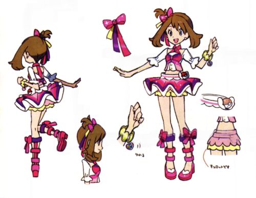 this image shows concept art for serena's outfit from the pokémon anime.  it includes multiple views of the character, showcasing her pose and costume from different angles (front, side, back).  there are also separate illustrations of individual parts of the outfit, including shoes, accessories like bows and bracelets, and her skirt, allowing a detailed look at the design. the style is typical of anime character design, with vibrant colors and exaggerated features. the art is clean and clearly shows the design choices made for the character.