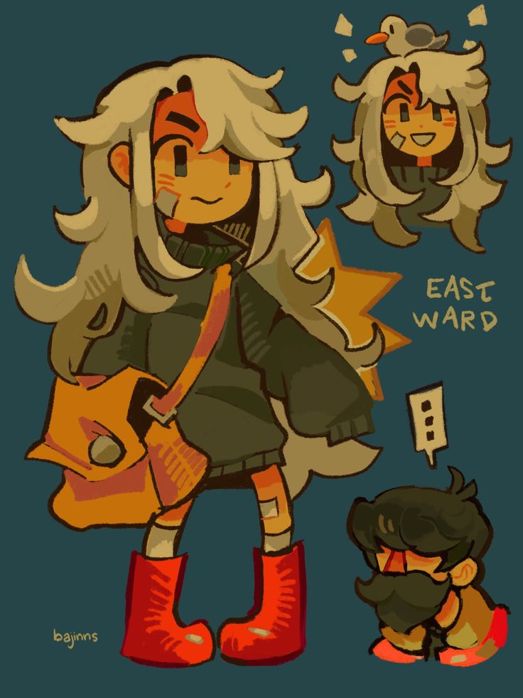 this cartoon illustration features a girl with white hair, wearing a black sweater, red boots, and an orange bag. she is looking at the viewer with a determined expression. she appears to be walking towards the viewer, and there are yellow stars behind her to suggest movement. there is a speech bubble with three dots inside, suggesting that she is talking to someone offscreen. behind the girl, there is a cartoon boy with brown hair and a mustache. there is a speech bubble above him with three dots inside, suggesting that he is also talking to someone offscreen. finally, there is a cartoon bird with an orange beak and white feathers perched on top of a girl's head. the girl is wearing a black shirt. the background of this illustration is a dark blue. there is a speech bubble above the girl's head with the words "east ward" written inside.