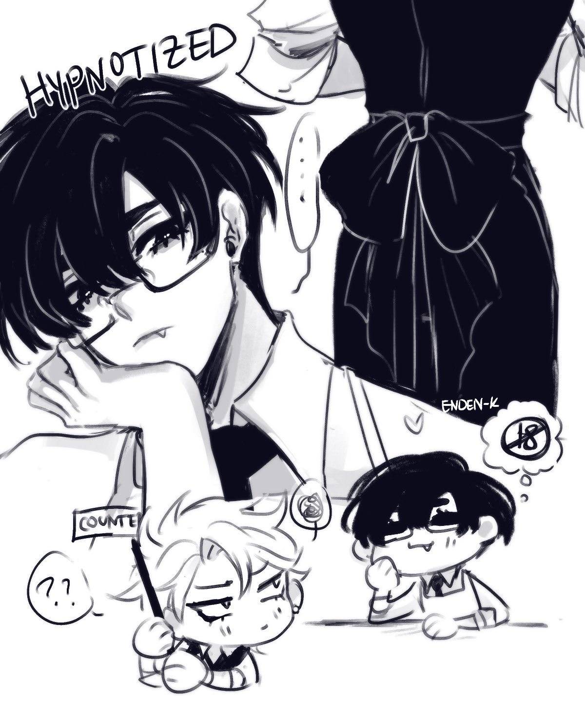 a black and white drawing of three boys. two of them are cute and one is cool, but all of them are adorable.  the two on the left are looking down at the cute boy on the right.  the background is black and white, and the image is drawn in a sketchy style.