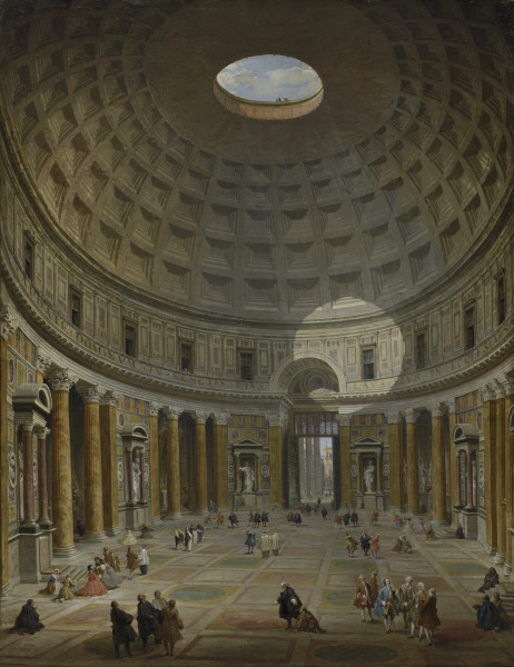 the image is a painting of the interior of the pantheon in rome. the large dome dominates the upper portion of the image, featuring an oculus at its center that lets in light. the light casts a noticeable circular shadow on the dome's interior surface. the lower portion depicts a colonnaded area with numerous columns surrounding the central open space. people are scattered throughout the interior, giving scale to the vastness of the building. the architecture is classical, with detailed ornamentation and a sense of grandeur. the painting captures the interplay of light and shadow within the space, enhancing the threedimensionality and atmosphere.