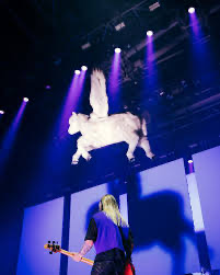 a rock musician playing a bass guitar on stage under purple and blue lights. a white unicorn is flying above the stage, and the musician is looking up at it in awe. there is a shadow of the unicorn on the wall behind them.
