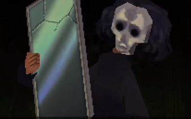 a pixelated figure in a white mask resembling a stylized skull holds up a large, slightly cracked mirror in front of their face.  the figure is shrouded in darkness, with only the mask and hands visible. the mirror reflects a vague, distorted image. the overall impression is one of unease and mystery.