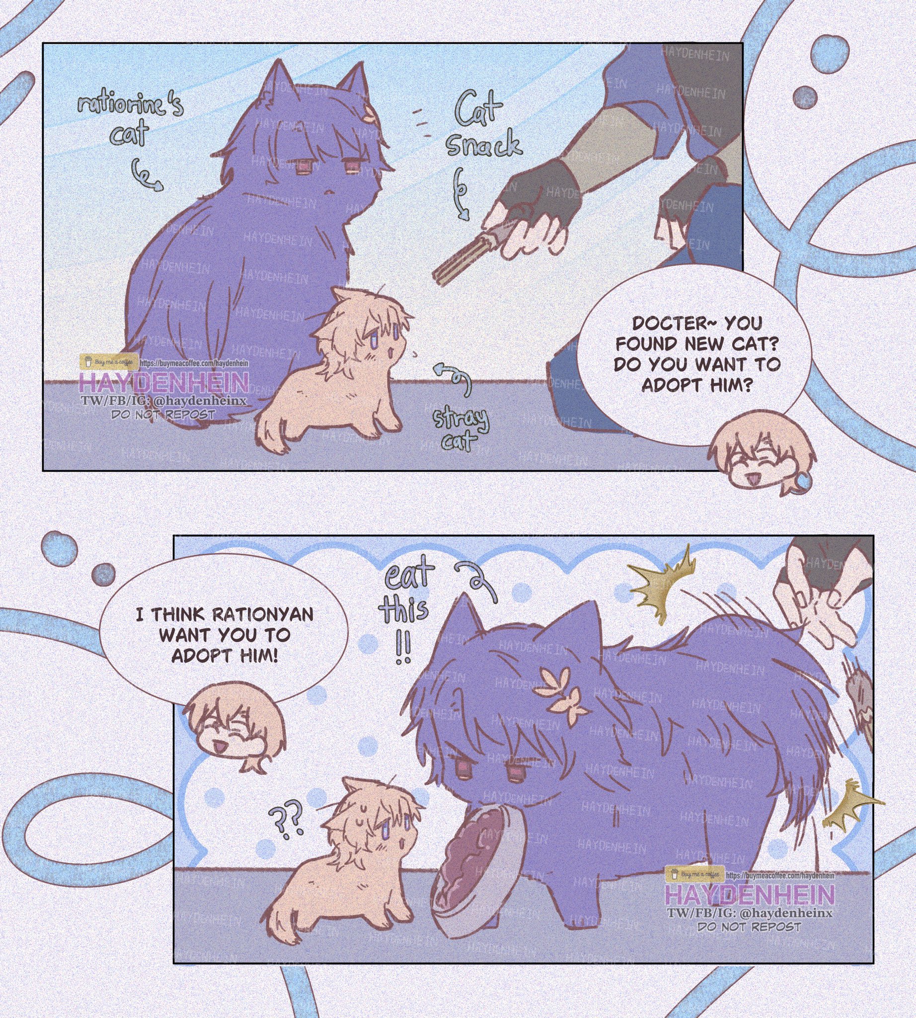 the comic strip shows a cute purple cat with a fluffy tail. the cat is interacting with the doctor. the doctor is asking the cat if they want to adopt a kitten, and the cat is saying that the kitten is a stray and they don't want to eat it. the comic is lighthearted and humorous.