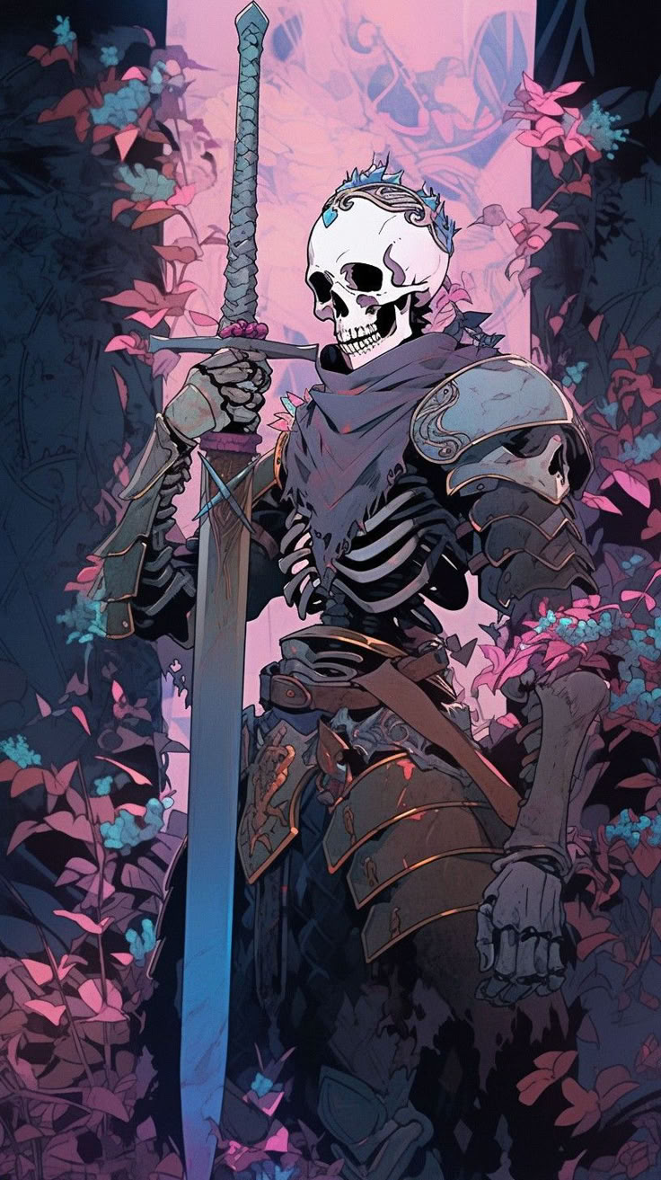 a skeleton knight stands in a field of flowers, holding a large sword. the skeleton is wearing armor and a crown, and is surrounded by colorful flowers. the background is a mix of light pink and dark blue.