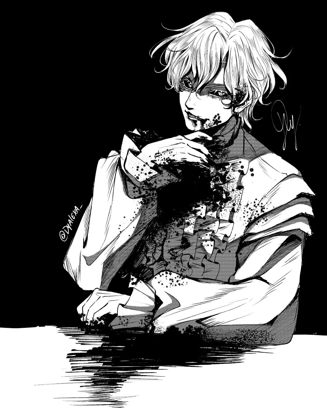 the image is a black and white, digital illustration of an original male character. the style is reminiscent of manga or anime. the character is depicted from midthigh up, seated and leaning forward, resting his arms on a table. he has short, unkempt, lightcolored hair and dark eyes, and his expression is one of predatory amusement as he stares directly at the viewer. he wears a highcollared, lightcolored, periodstyle garment with voluminous sleeves and what looks like a breastplate over it. his clothing and hands are covered in blood that is dripping onto the surface beneath him. the background is solid black, and the light source is directly above the character.  overall, the image evokes themes of gothic horror, dark fantasy, and violence.