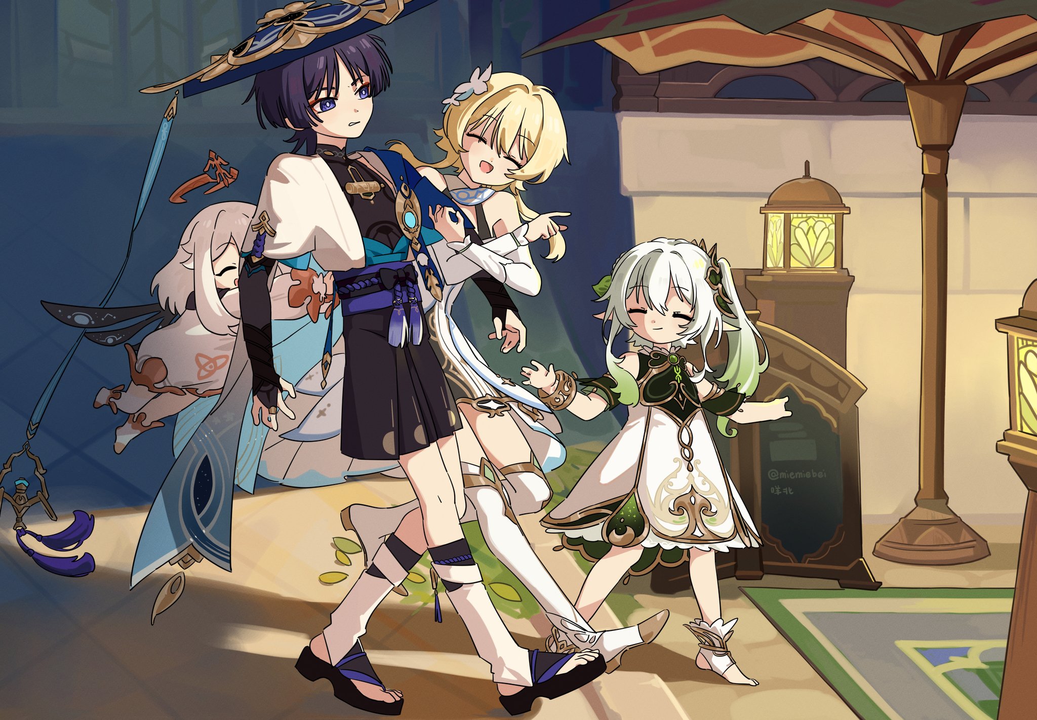 this is a digital art illustration depicting a group of four anime characters. the characters are drawn in a colorful style with exaggerated features and expressions. they appear to be in a room with a lantern and a carpet. the characters are all dressed in different styles of clothing.