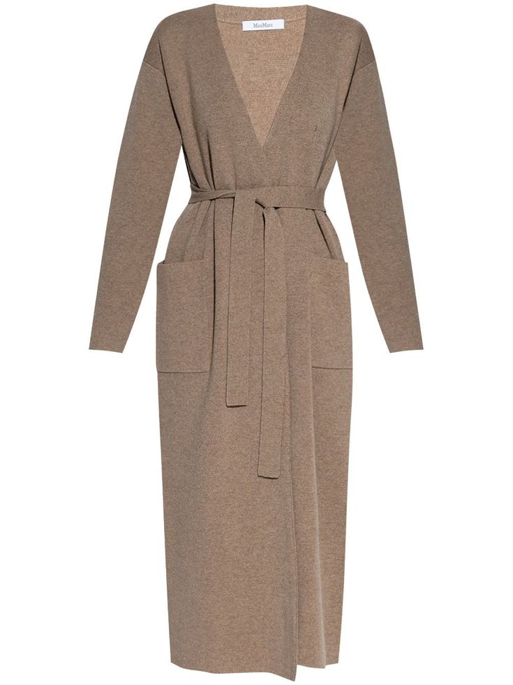 a long brown knitted robe with a vneckline and a selftie belt. it has pockets on the sides and a relaxed fit.