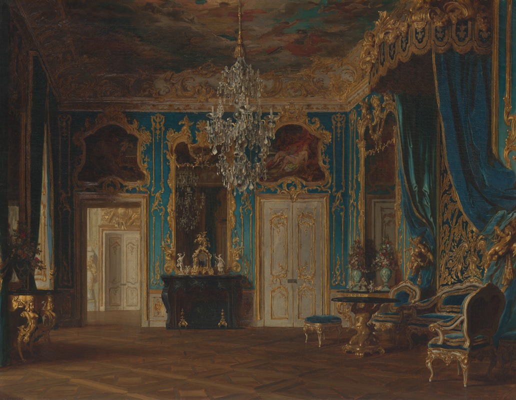 a painting of a luxurious, ornate room in a baroque or rococo style. the room features blue walls with gold trim, a large chandelier, a fireplace, a table and chairs, a bed with blue curtains, and several doors leading to other rooms. the room is highly decorated with intricate details and appears to be inside a palace.