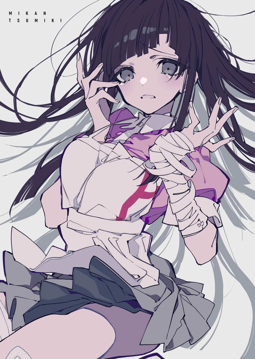 the image features a fullbody anime illustration of mikan tsumiki from danganronpa. she is wearing a modified nurse outfit with bandages wrapped around her arm. her expression is one of fear, with wide, grey eyes and a downturned mouth. she has dark hair and her hands are raised near her face as if trying to ward off something.