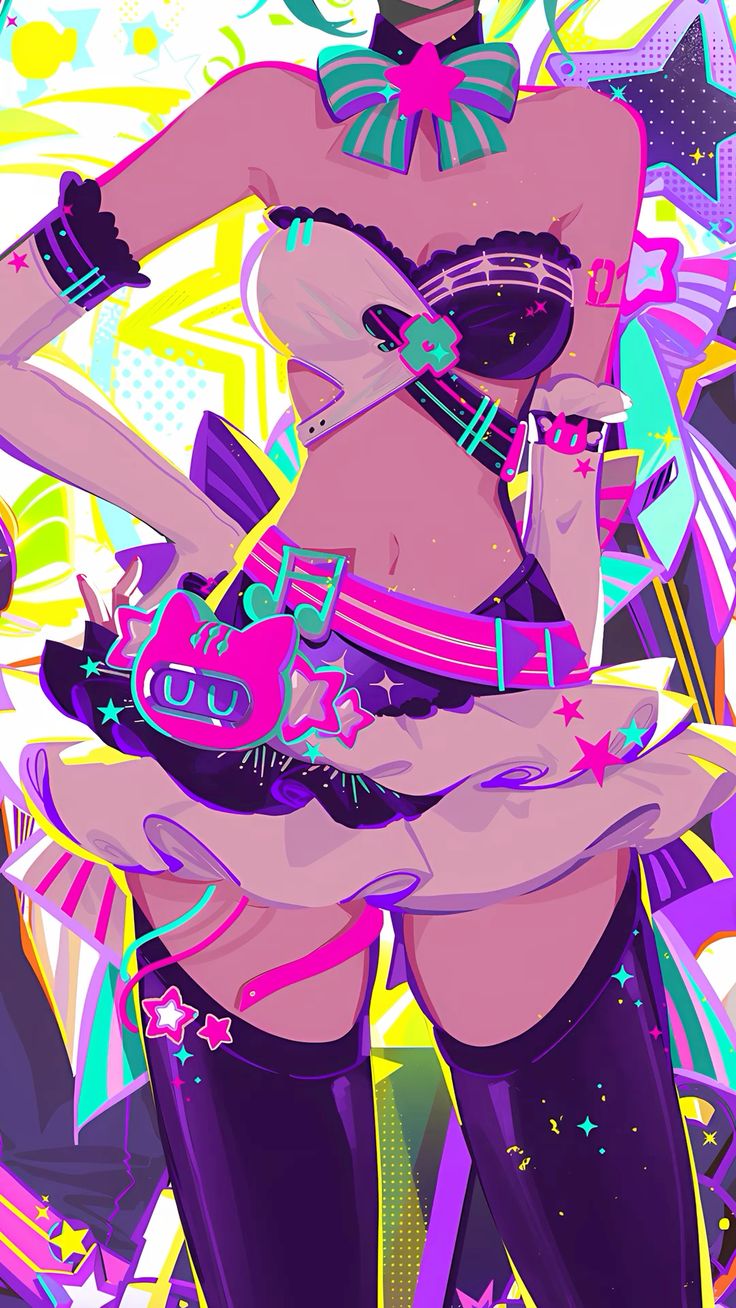 the image is a vibrant and colorful illustration of an anime girl dressed in a flashy pop star outfit. she is depicted from the midtorso up, showcasing a bright pink and purple outfit with various accessories such as a large bow, a studded belt, and thighhigh boots.  the style is very dynamic and energetic, with lots of movement implied in the pose and clothing, and a bright color palette that pops. the background is a similarly vibrant mix of yellow, green, and pink, with stars and other graphic elements adding to the overall energetic and playful feel. the girl's expression is not visible, but her pose and outfit suggest confidence and excitement. the art style is modern and digital, with bold lines and flat colors.