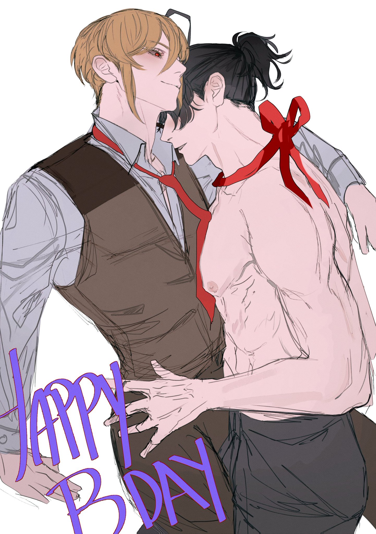 this is a romantic illustration of two anime men. they are dressed up for the occasion with one in a suit with a red tie and the other in trousers and a shirt, with a red ribbon around his waist. the text "happy bday" is written in purple, showing that the picture is for a birthday. they are smiling and holding each other close together, showing their affection for each other. the illustration is drawn in a delicate style, with soft outlines and light shading. the image is very loving and romantic, and celebrates the birthday of one of the men.