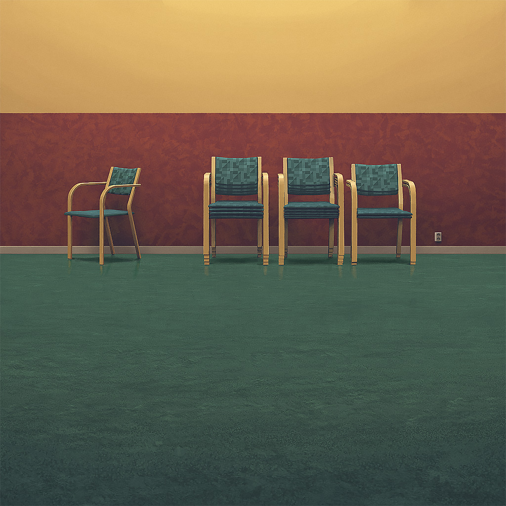 a shot of three chairs in a waiting room. the chairs are all wooden with green cushions. they are facing each other and are positioned on a dark green carpet floor in a waiting room with red and yellow walls. there's an electrical outlet on the red wall.