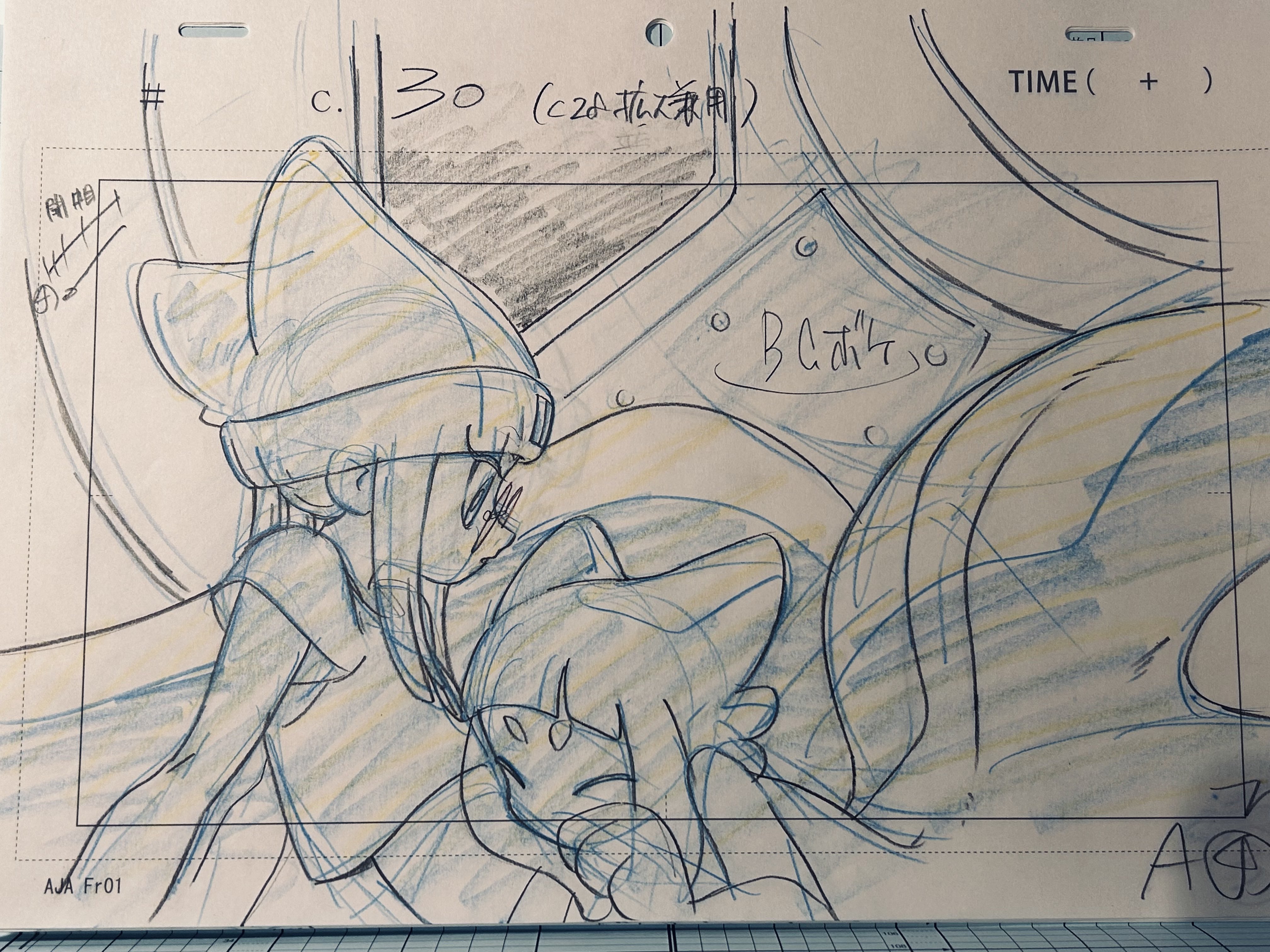 this is a black and white sketch of two anime characters, one is wearing a hat, the other is leaning on her shoulder. it appears to be storyboard for an anime.