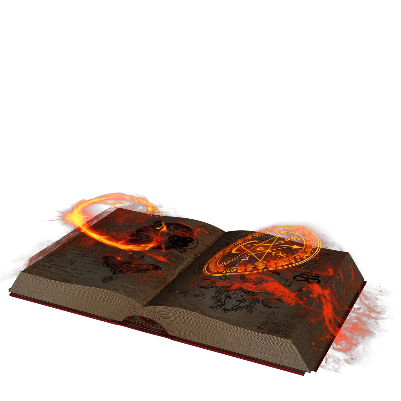 an open book with burning flames and magical symbols on a black background.