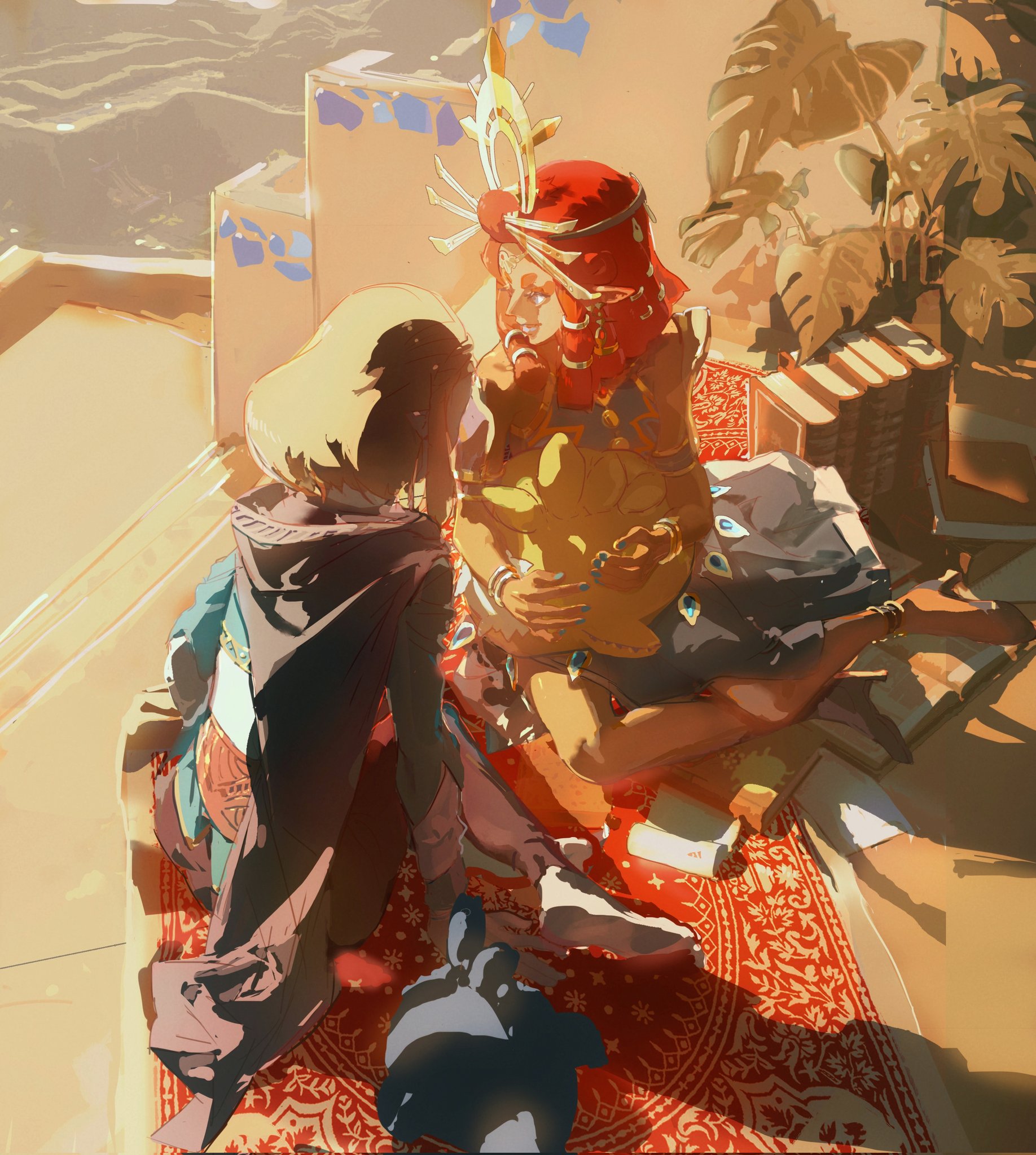 this digital painting depicts two young women sitting on a colorful rug that is laid on sand. the woman on the left wears a dark blue and purple outfit with a hood. the woman on the right wears a gold outfit and has elaborate red and gold headwear. they are both looking at each other and appear to be conversing. in the background, there is a collection of books stacked in a corner of a room.  the painting has a soft, dreamlike feel and a whimsical atmosphere.