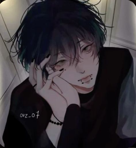 the image showcases a closeup illustration of an animestyle boy. he has dark, slightly messy hair, pale skin, and striking features accentuated by soft lighting.  he wears dark attire, a black choker, and has multiple piercings, including lip and ear piercings. his expression is melancholic and introspective. the overall aesthetic leans towards an emo or gothic style.