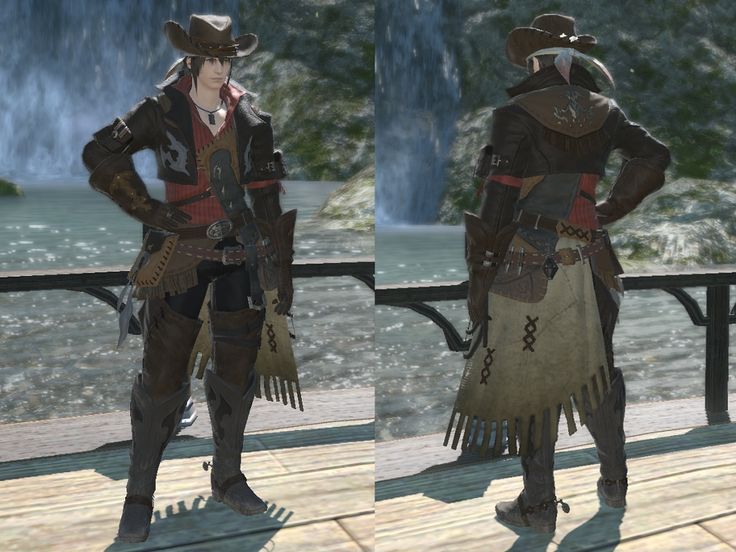 the image shows a fullbody, twoangle view of a male character in final fantasy xiv. the character is dressed in a complete cowboythemed outfit.  this includes a leather jacket, chaps, a widebrimmed hat, and boots. a belt with holster is visible. the background is a scenic waterfall and wooden bridge. the left side shows the character facing the viewer, while the right side displays a back view of the same character in the same outfit. the overall aesthetic is a westernstyle look within the final fantasy universe.