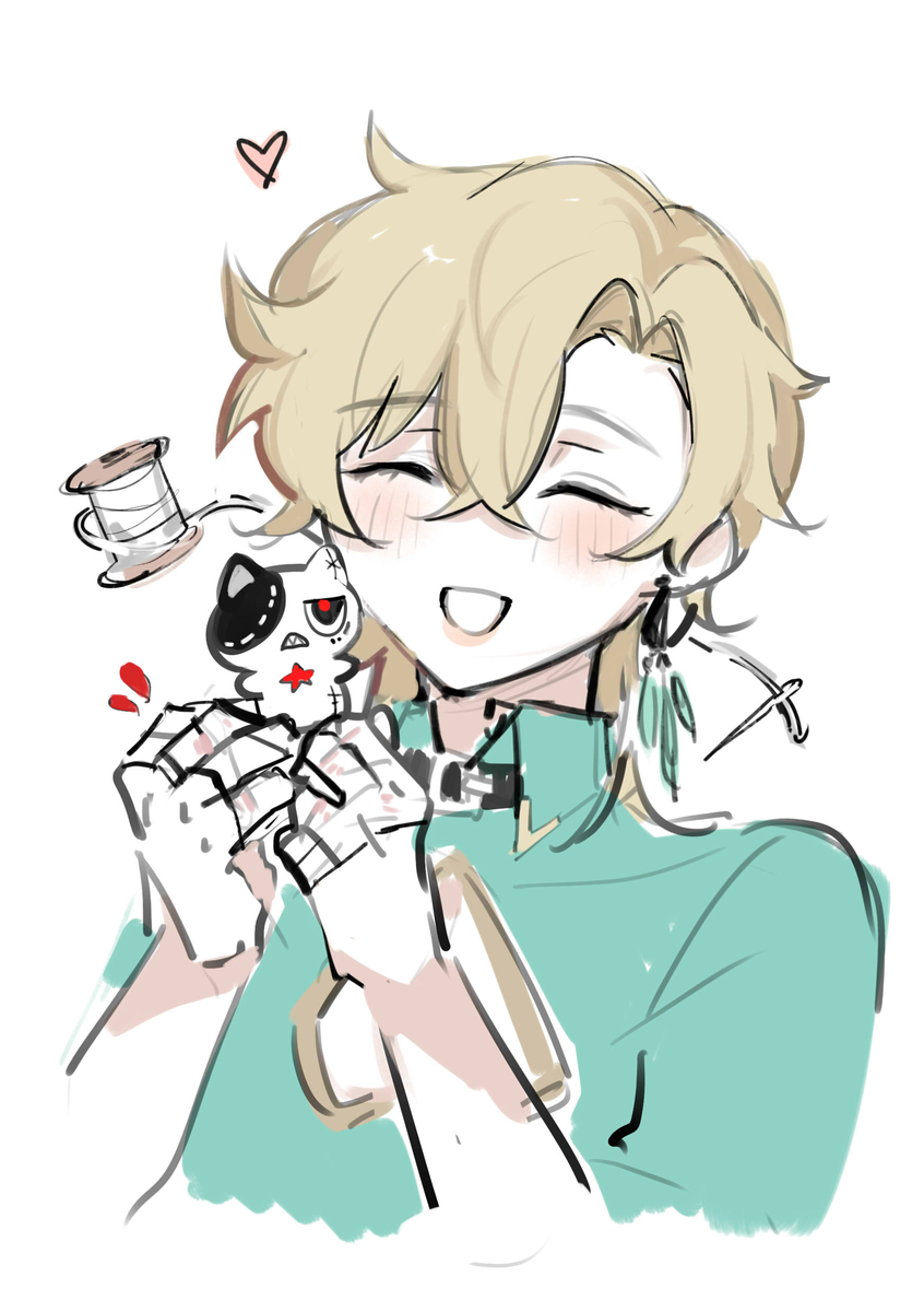 this is a digital drawing of a cute anime boy with blond hair, wearing a green shirt, smiling happily. he is holding a small white plush cat with a red heart and a black eye patch. the boy has his eyes closed and there is a spool of thread and a needle on the side of his head. the drawing has a simplistic, handdrawn style with soft colors and lines.  the overall impression is one of happiness and joy, with a focus on the bond between the boy and his plush cat.