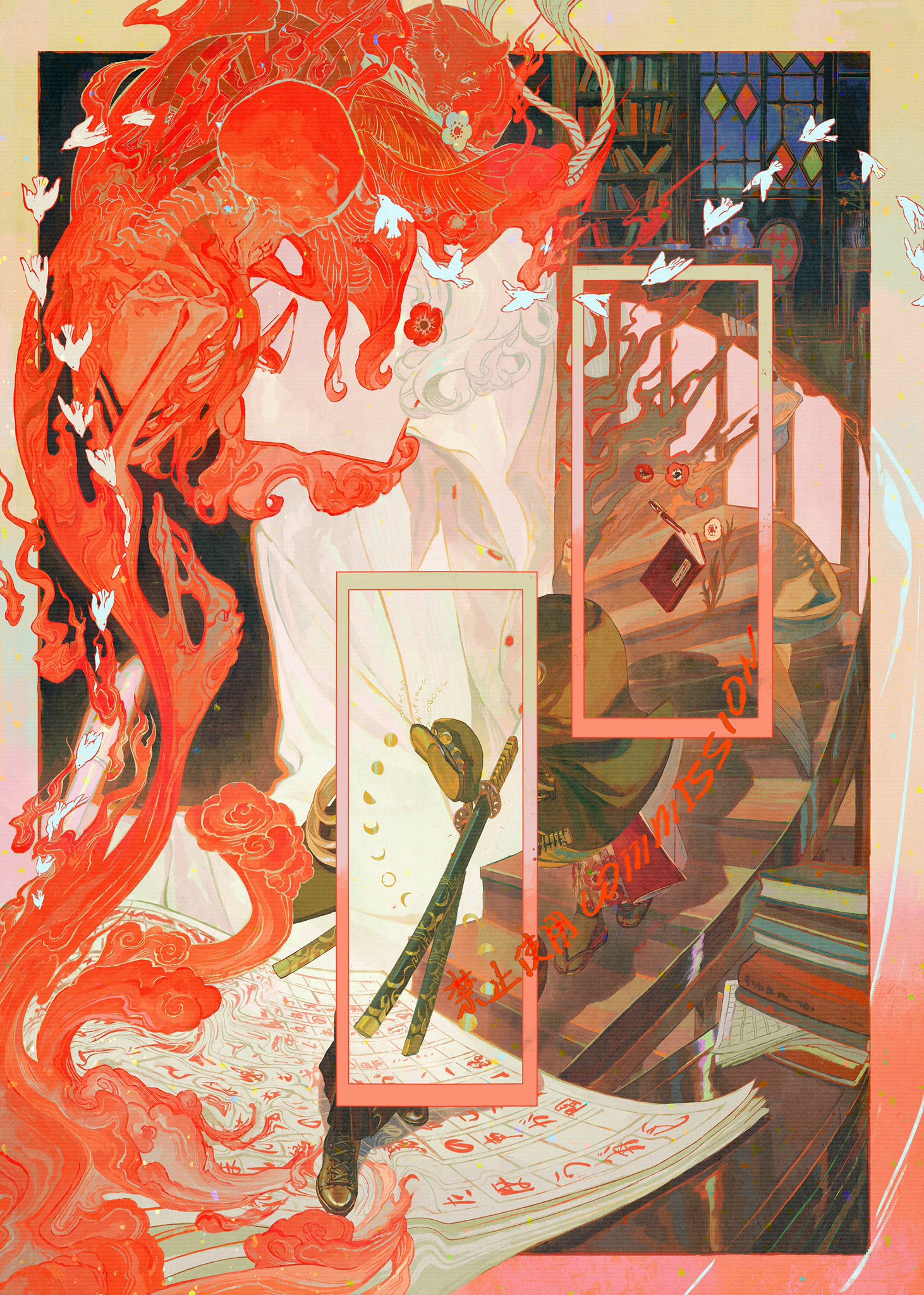 the image is a surreal and whimsical painting that depicts a dreamscape filled with fantasy elements. the central figure appears to be a woman, but her form is obscured by swirling clouds of red and orange, which are reminiscent of fire or a dragon. she is surrounded by white birds, books, and stairs, all of which are connected by a delicate web of lines and patterns. the overall atmosphere of the painting is mysterious and dreamlike, suggesting a journey into the unknown.