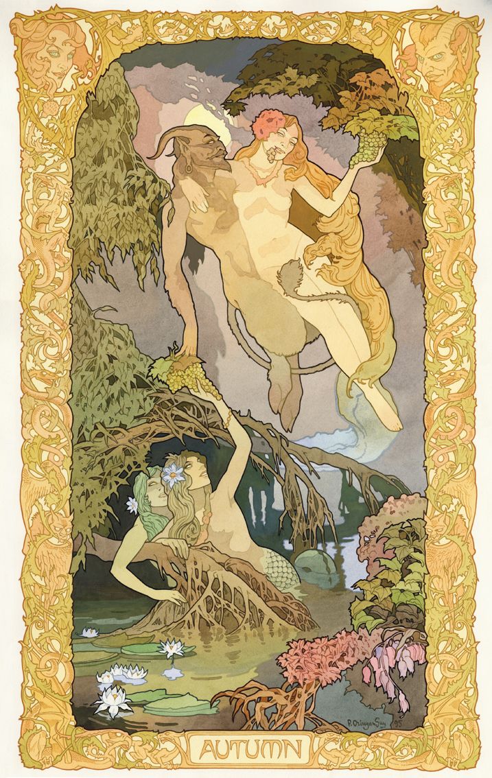 this art nouveau illustration depicts a scene of autumn.  a satyr or faun figure embraces a woman who offers him grapes. below them, in a swampy area with water lilies, two mermaids or nymphs sit among the foliage.  the entire composition is framed by an ornate gold border filled with swirling decorative elements. the style is reminiscent of alphonse mucha, with flowing lines and pastel colors. the image has a dreamlike and romantic quality. the word "autumn" is inscribed at the bottom.