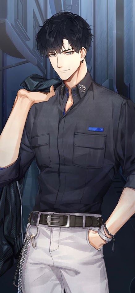 a digital illustration of a young male anime character with black hair, blue eyes and a serious expression. he is wearing a gray jacket, white pants, a belt with a chain, a silver ring, and a bracelet. the background is blurry and dark, with the focus being on the character.