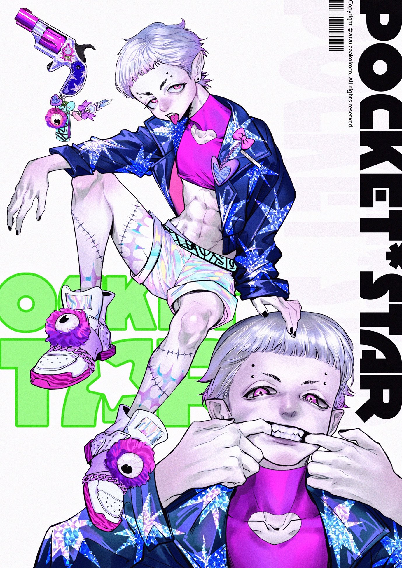 a digital illustration in a magazine cover style. the illustration features a vampire boy character against a blue starry background. he's depicted with white hair, fangs, and stitches on his thigh and arms. he's wearing a sparkly jacket, shorts, and shoes,  and is holding a toy gun. a closeup of his face showing his fangs is in the bottom right corner.  the title "pocket star" is written vertically on the right side.