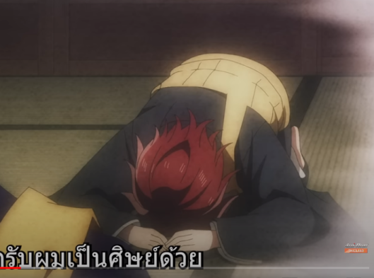 this is a still image from an anime. the scene shows a female character with long red hair, sitting on a wooden floor in a traditional japanese setting. she is dressed in a darkcolored traditional outfit, and is bent over with her head in her hands, while crying. her face is not fully visible, but her long hair and teary eyes suggest that she is deeply saddened and upset. the image is quite dark and moody, with shadows and dim lighting creating a somber atmosphere. the setting of the scene, with its traditional japanese elements, adds a sense of history and culture to the image. the character's grief is palpable, and the image evokes feelings of empathy and sadness.