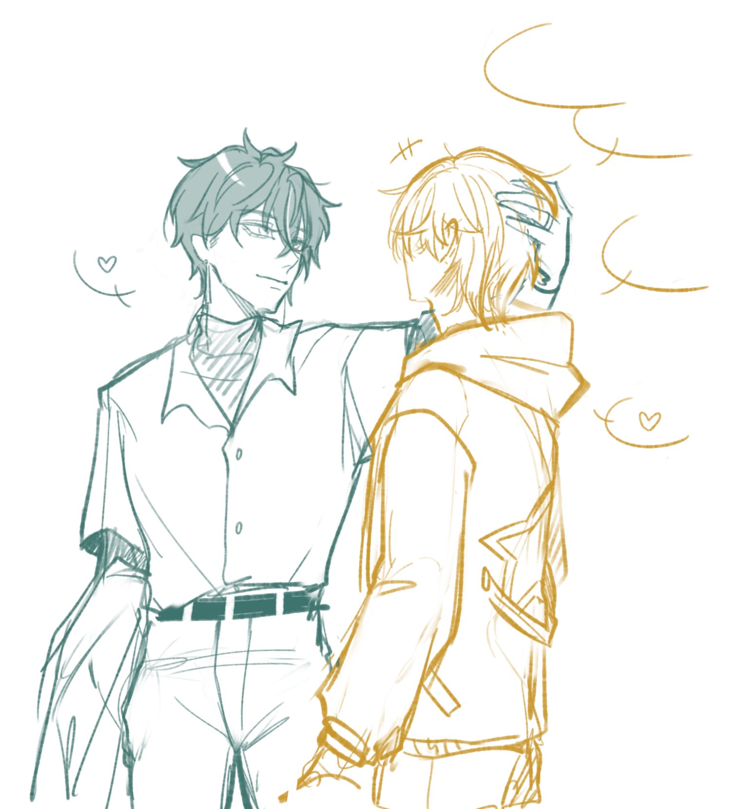 this is a sketch of two anime boys. the boy on the left is wearing a white shirt and black pants. he is reaching out his hand to touch the head of the boy on the right who is wearing a brown jacket. they both look very happy and friendly, and their bodies are positioned in a way that suggests they are very close. the sketch is drawn in a simple, loose style and is full of charm.