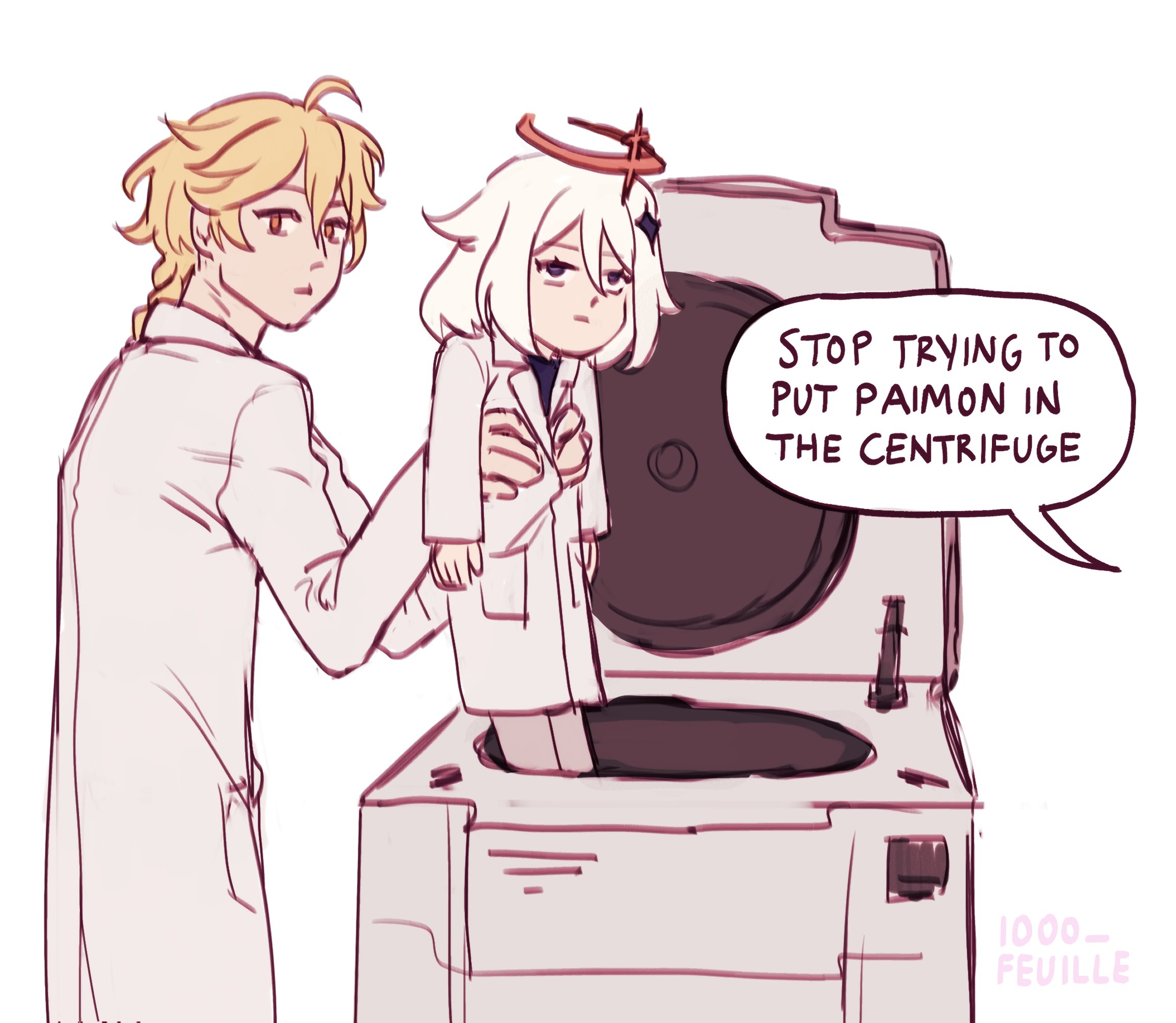 an illustration in a cartoon style depicting a scene from the popular video game genshin impact, where albedo, a character with white hair, is being held back by another character from being placed into a centrifuge.