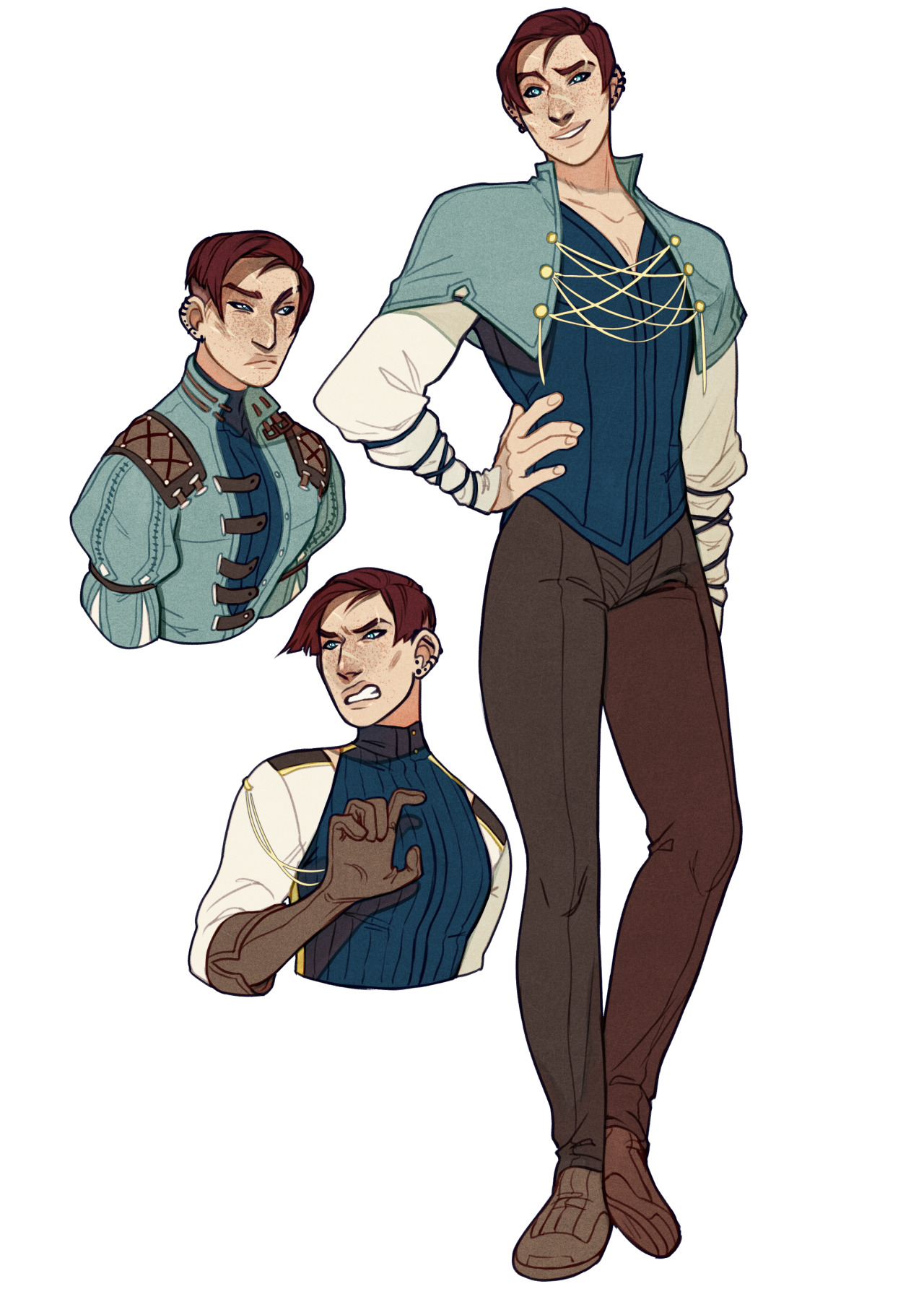 a digital illustration of a male character in three different poses against a white background. the central figure is a tall and slender young man with brown hair and freckles, standing with his left hand on his hip. he wears a blue doublet with gold accents over a white shirt, a brown cape, and brown pants. two smaller bust portraits flank him, one on each side, showing alternate angles and expressions. the figure on the left has a neutral expression, while the figure on the right appears angry. all three figures share the same short, reddishbrown hair and freckled complexion.